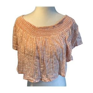 Kiwi & Punch Gingham Check Off The Shoulder Top Peach‎ White Crop Ruffle S
